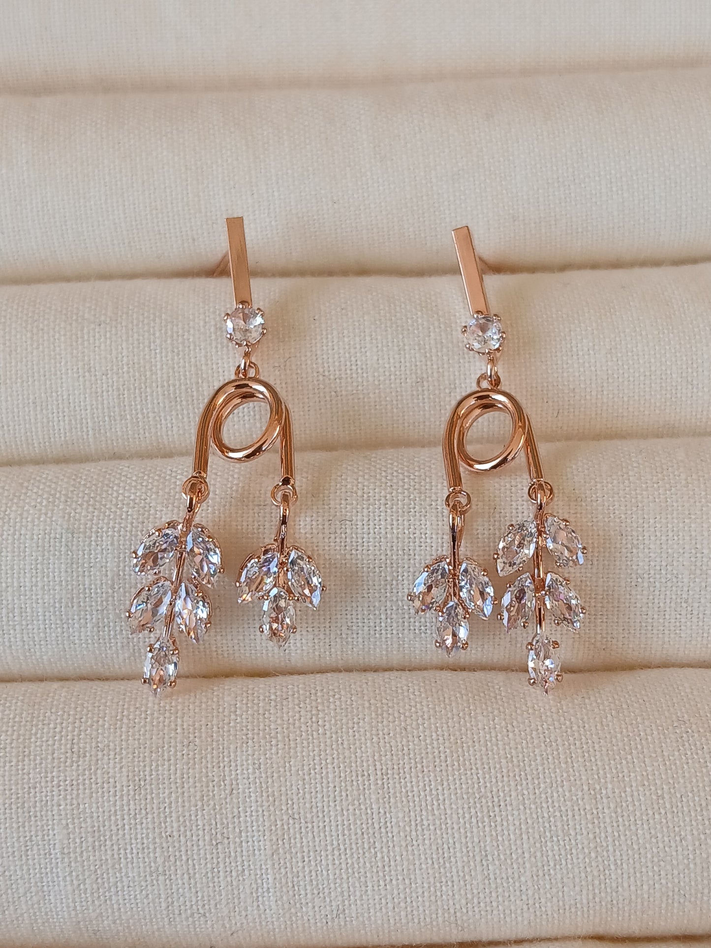 Emerald Leaf Dangle Earrings | Rose Gold
