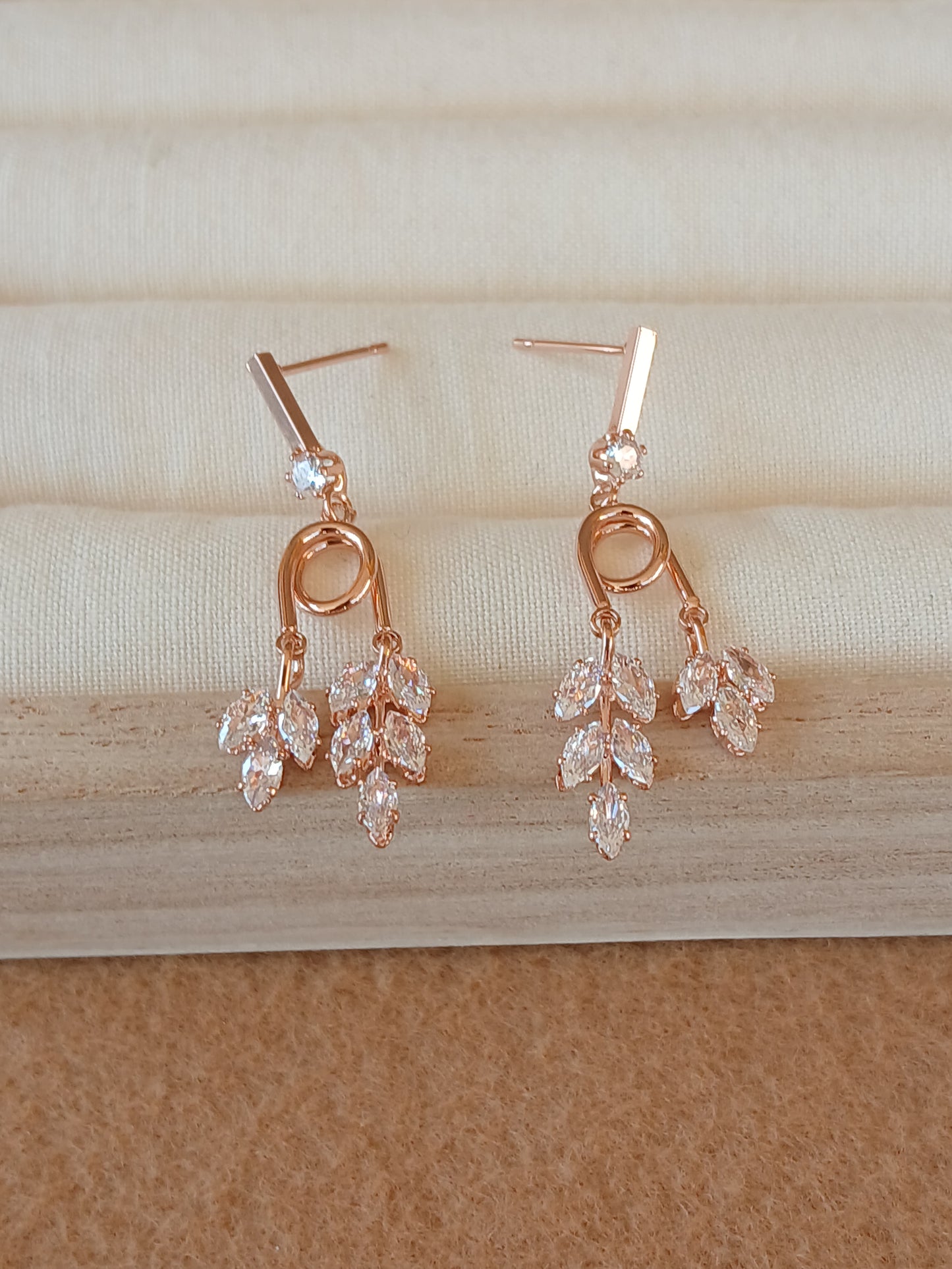 Emerald Leaf Dangle Earrings | Rose Gold