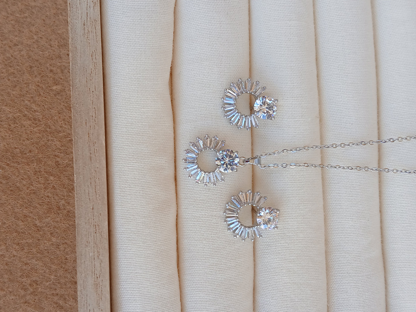 14K White gold plated CZ solitaire round pendant necklace set