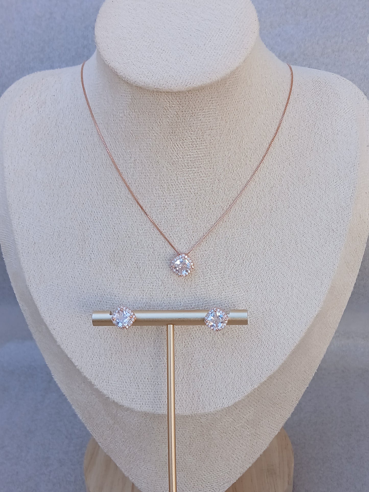 14K Rose gold plated CZ solitaire square necklace set