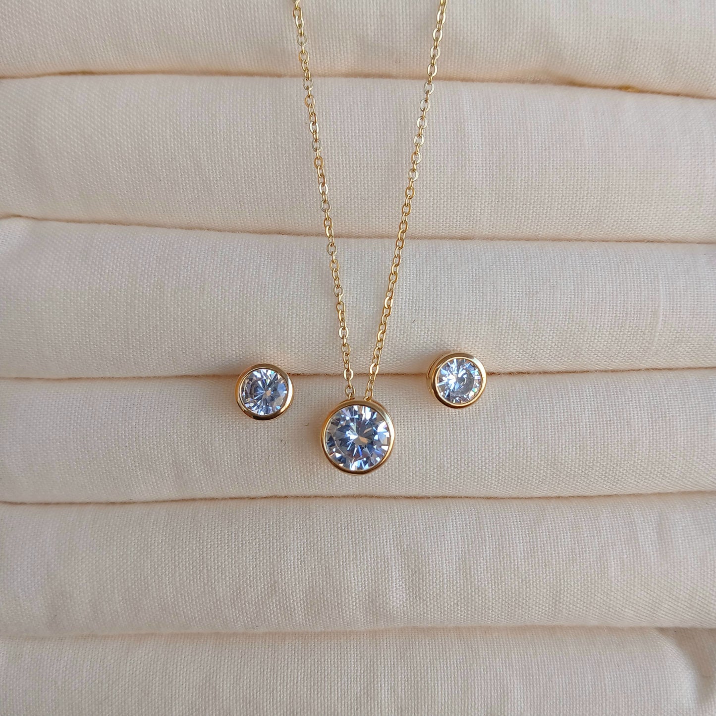 14K Gold Plated CZ solitaire stone necklace set
