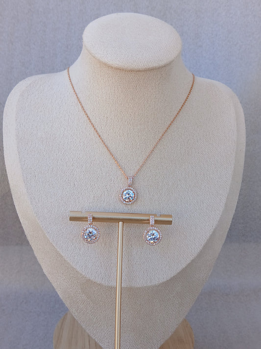 14K rose gold plated circle CZ Solitaire necklace set