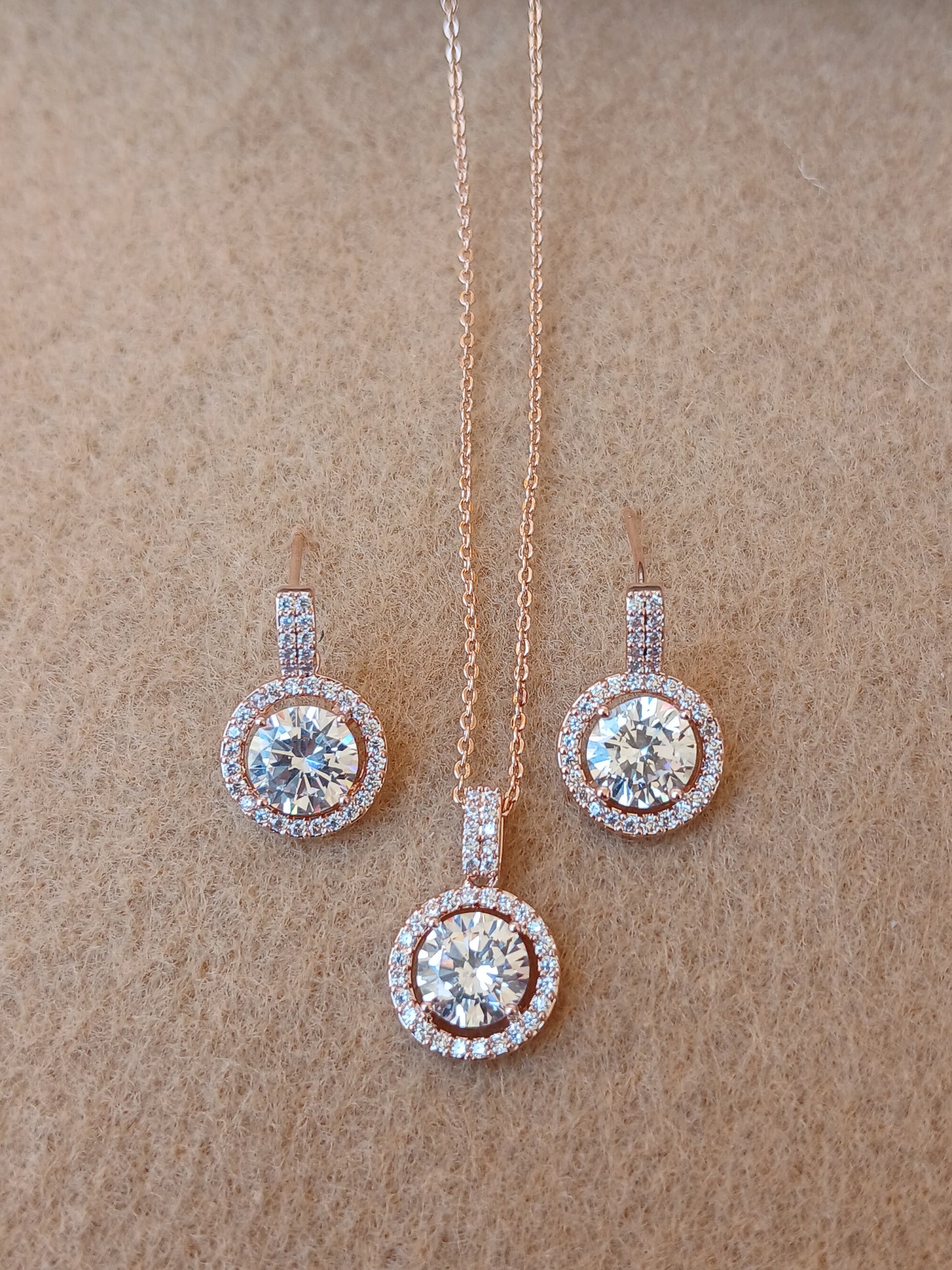 14K rose gold plated circle CZ Solitaire necklace set