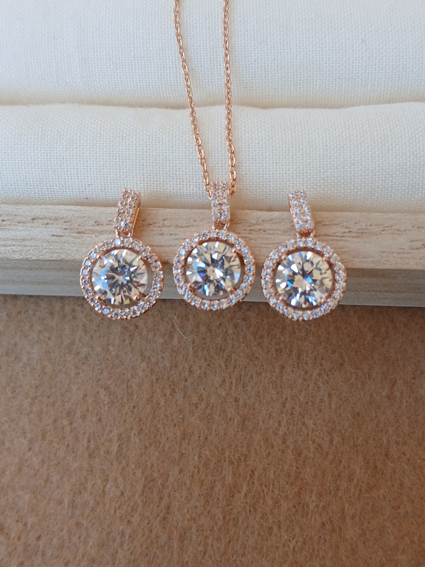 14K rose gold plated circle CZ Solitaire necklace set