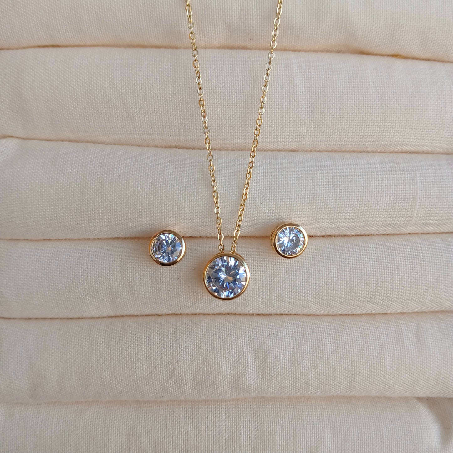 14K Gold Plated CZ solitaire stone necklace set