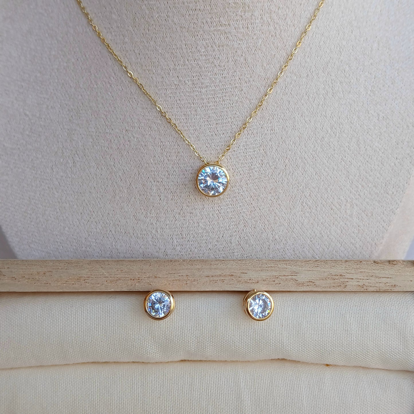 14K Gold Plated CZ solitaire stone necklace set