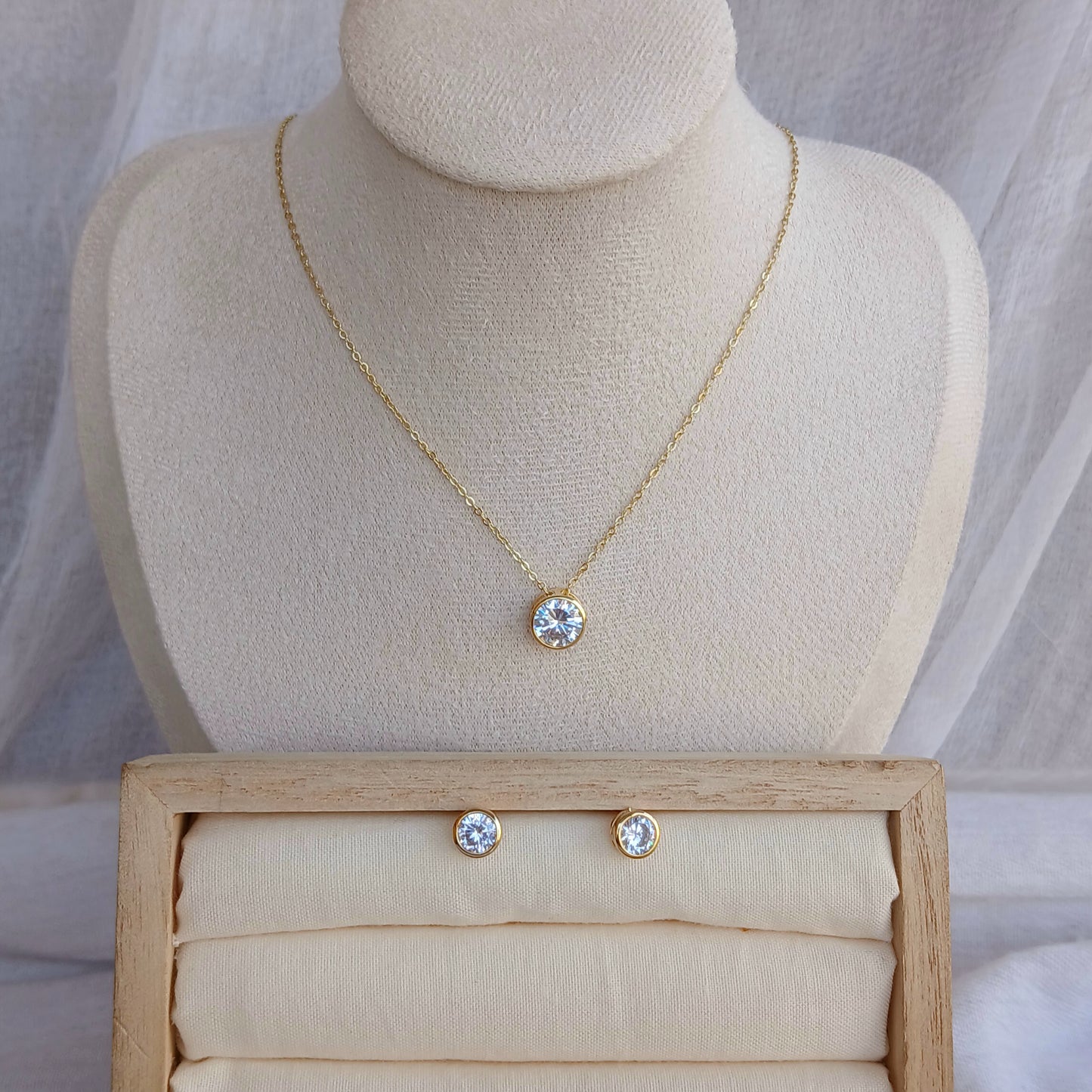 14K Gold Plated CZ solitaire stone necklace set